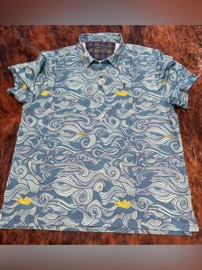 WILLIAM MURRAY Men's XL Blue Yellow Submarine Diver Wave Print Golf Polo Shirt